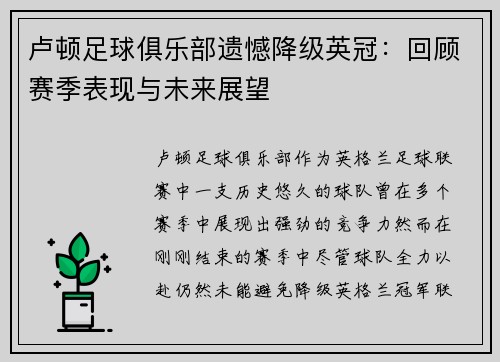 卢顿足球俱乐部遗憾降级英冠:回顾赛季表现与未来展望 卢顿足球俱乐部遗憾降级英冠:回顾赛季表现与未来展望