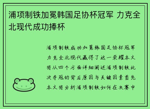 浦项制铁加冕韩国足协杯冠军 力克全北现代成功捧杯 浦项制铁加冕韩国足协杯冠军 力克全北现代成功捧杯